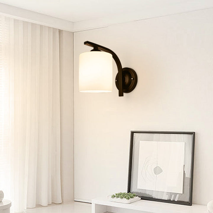 Skørter | Cylindrical white glass wall lamp Vintage 1 head corridor wall lamp with curved arm in black