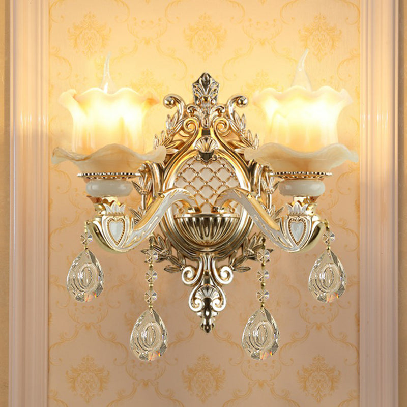 Skørter | Jade Wall Lamp Traditional Beige Flower Hallway Wall Sconce with Crystal Drop