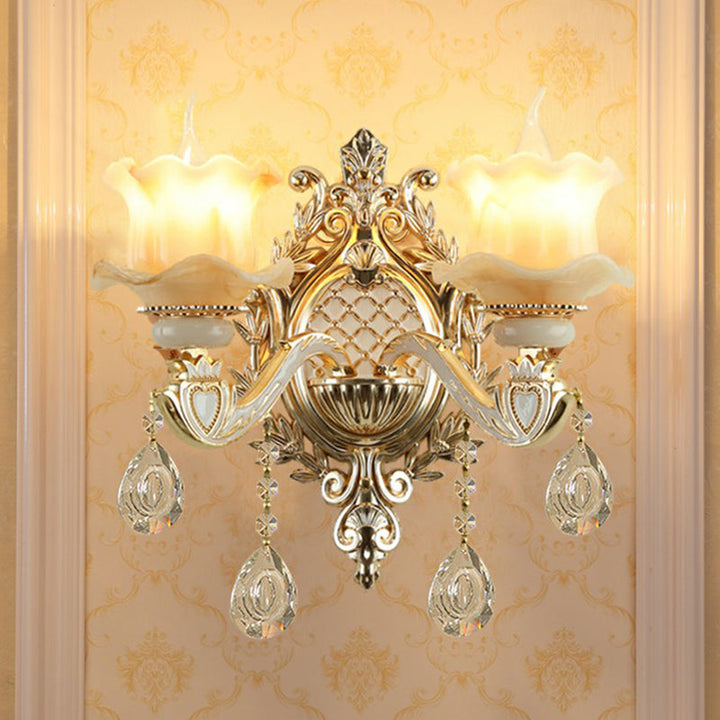 Skørter | Jade Wall Lamp Traditional Beige Flower Hallway Wall Sconce with Crystal Drop
