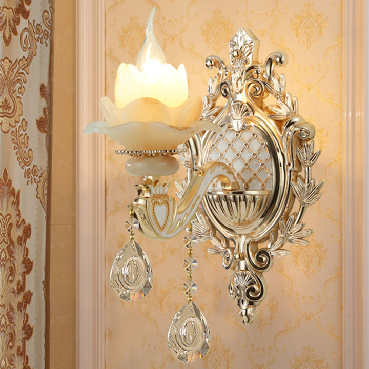Skørter | Jade Wall Lamp Traditional Beige Flower Hallway Wall Sconce with Crystal Drop