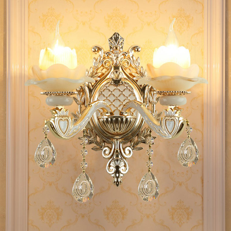 Skørter | Jade Wall Lamp Traditional Beige Flower Hallway Wall Sconce with Crystal Drop