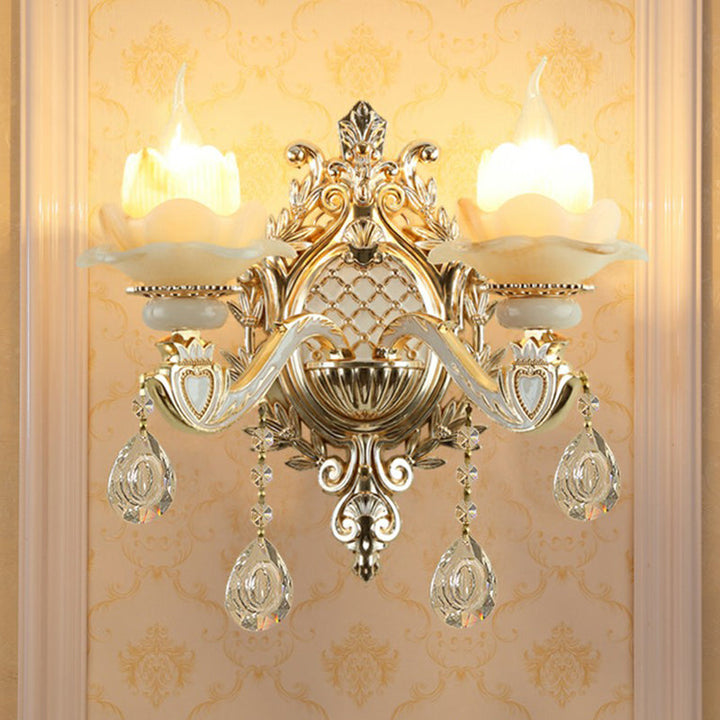 Skørter | Jade Wall Lamp Traditional Beige Flower Hallway Wall Sconce with Crystal Drop