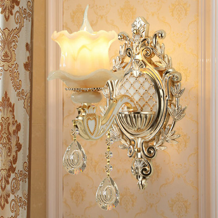Skørter | Jade Wall Lamp Traditional Beige Flower Hallway Wall Sconce with Crystal Drop