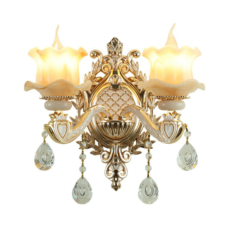 Skørter | Jade Wall Lamp Traditional Beige Flower Hallway Wall Sconce with Crystal Drop