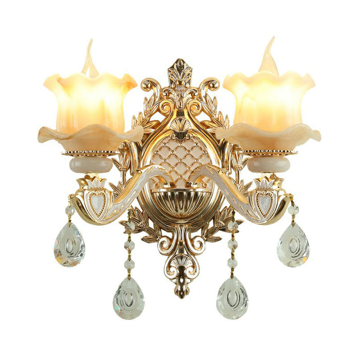 Skørter | Jade Wall Lamp Traditional Beige Flower Hallway Wall Sconce with Crystal Drop