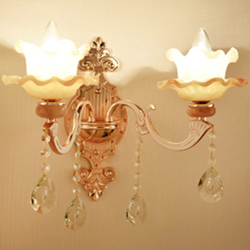Lisslune | Floral Glass Wall Lighting Fixture Traditional 2-Light Corridor Wall Mount Lamp in Gold