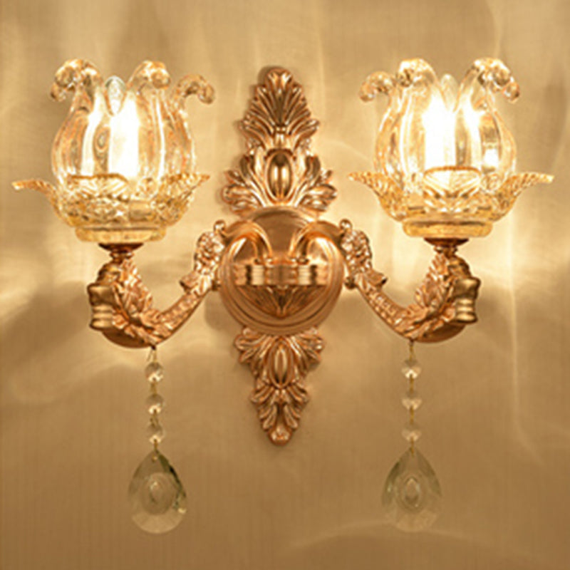 Lisslune | Floral Glass Wall Lighting Fixture Traditional 2-Light Corridor Wall Mount Lamp in Gold