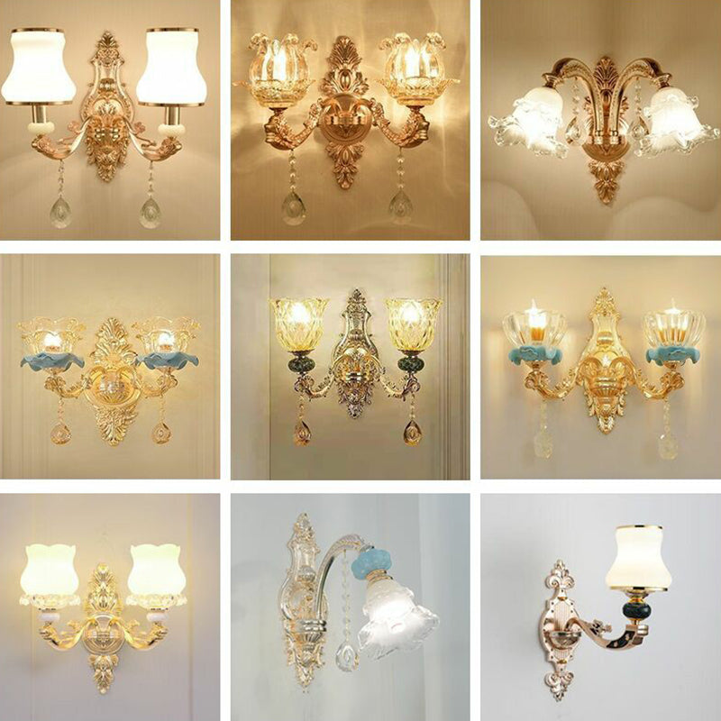 Lisslune | Floral Glass Wall Lighting Fixture Traditional 2-Light Corridor Wall Mount Lamp in Gold