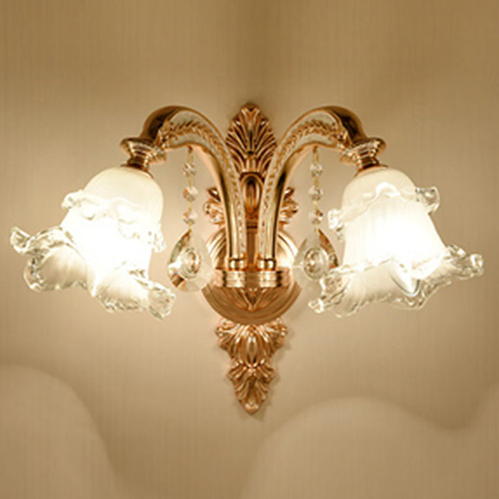 Lisslune | Floral Glass Wall Lighting Fixture Traditional 2-Light Corridor Wall Mount Lamp in Gold
