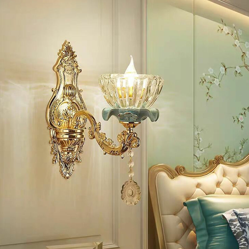 Lisslune | Floral Glass Wall Lighting Fixture Traditional 2-Light Corridor Wall Mount Lamp in Gold