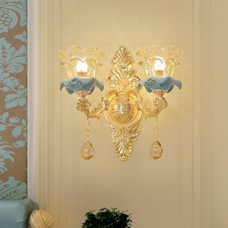 Lisslune | Floral Glass Wall Lighting Fixture Traditional 2-Light Corridor Wall Mount Lamp in Gold