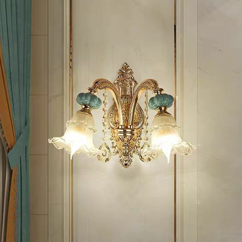 Lisslune | Floral Glass Wall Lighting Fixture Traditional 2-Light Corridor Wall Mount Lamp in Gold