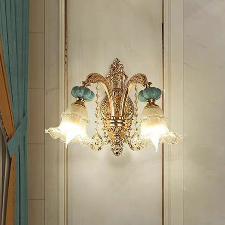 Lisslune | Floral Glass Wall Lighting Fixture Traditional 2-Light Corridor Wall Mount Lamp in Gold