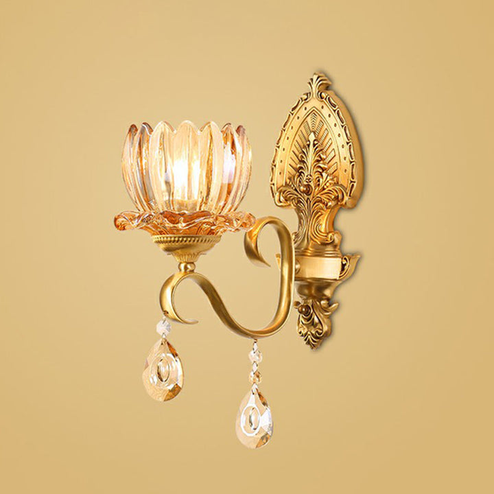 Lisslune | Flower living room wall light retro clear prism glass brass wall light with decorative crystal