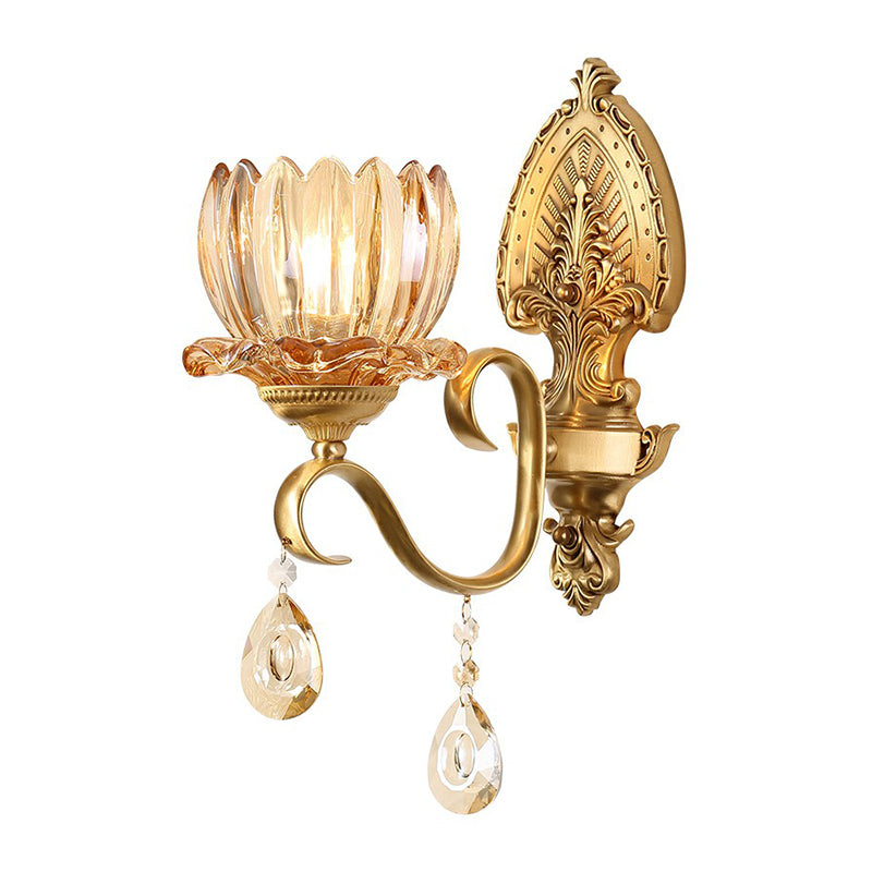 Lisslune | Flower living room wall light retro clear prism glass brass wall light with decorative crystal
