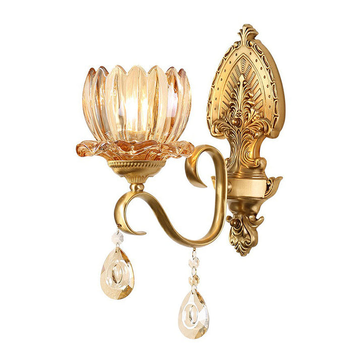 Lisslune | Flower living room wall light retro clear prism glass brass wall light with decorative crystal