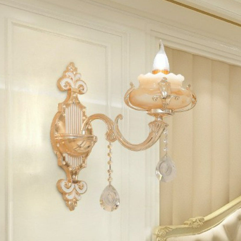 Lisslune | Beige Candle Wall Light Classic Synthetic Jade Glass Bedroom Wall Light Fixture