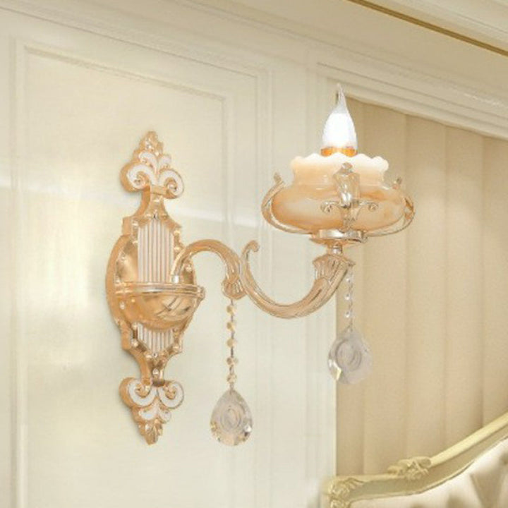 Lisslune | Beige Candle Wall Light Classic Synthetic Jade Glass Bedroom Wall Light Fixture