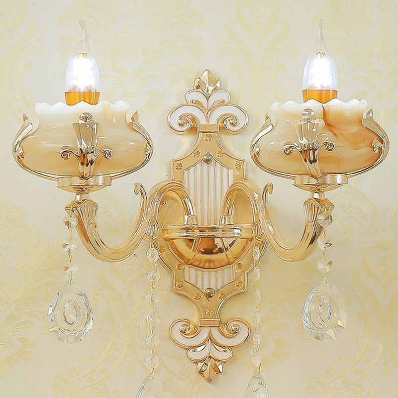 Lisslune | Beige Candle Wall Light Classic Synthetic Jade Glass Bedroom Wall Light Fixture