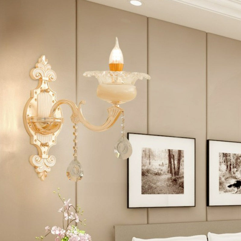 Lisslune | Beige Candle Wall Light Classic Synthetic Jade Glass Bedroom Wall Light Fixture