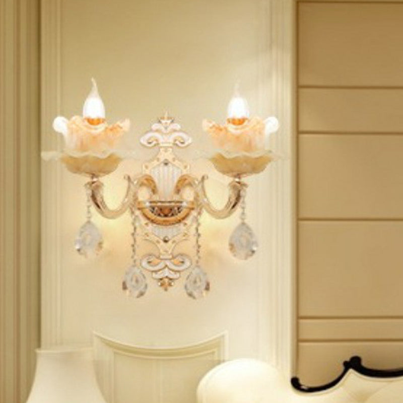 Lisslune | Beige Candle Wall Light Classic Synthetic Jade Glass Bedroom Wall Light Fixture