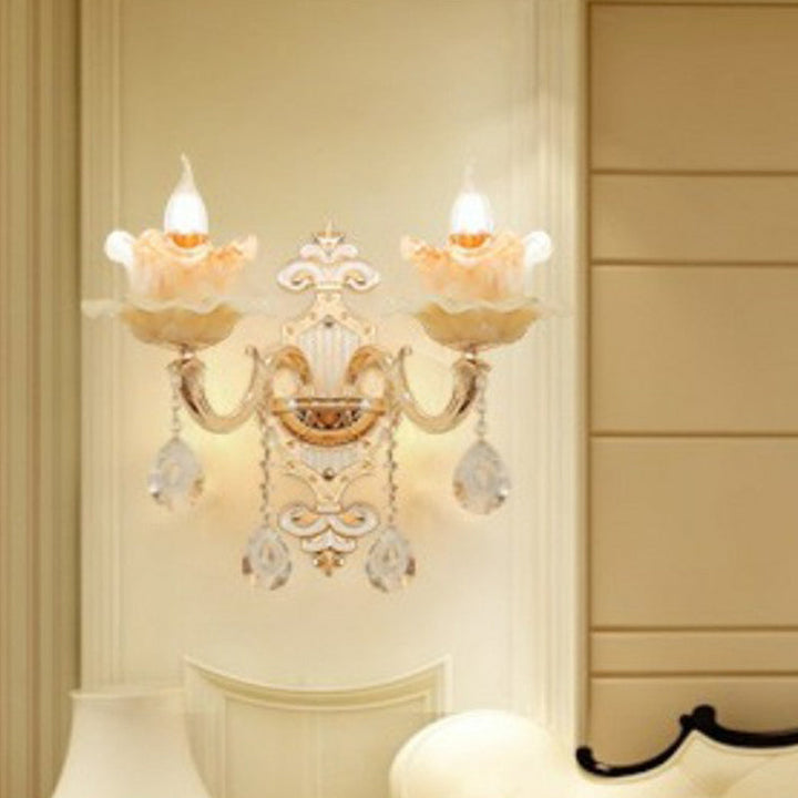 Lisslune | Beige Candle Wall Light Classic Synthetic Jade Glass Bedroom Wall Light Fixture