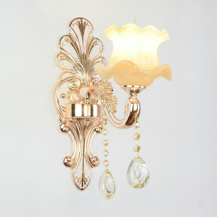 Lisslune | Classic Flower Wall Lamp Faux Jade Satin Glass Wall Lighting with K9 Crystal Drops in Silver