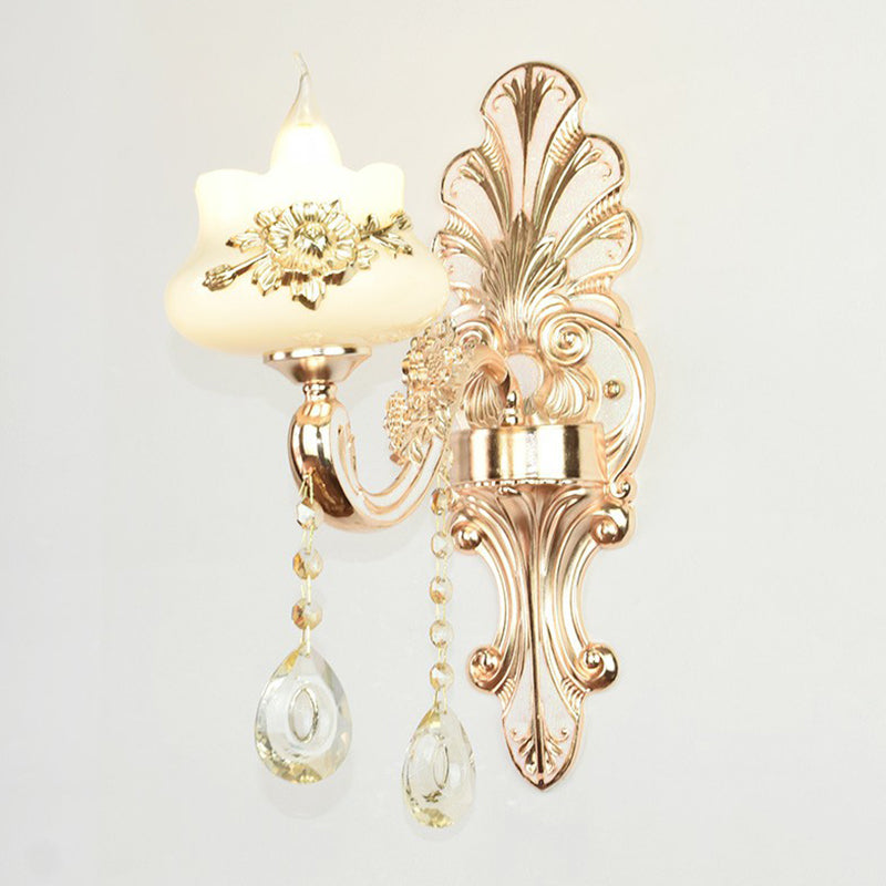 Lisslune | Classic Flower Wall Lamp Faux Jade Satin Glass Wall Lighting with K9 Crystal Drops in Silver