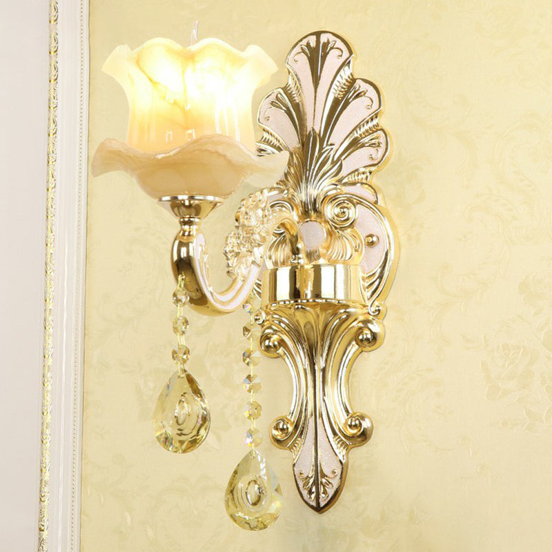 Lisslune | Classic Flower Wall Lamp Faux Jade Satin Glass Wall Lighting with K9 Crystal Drops in Silver