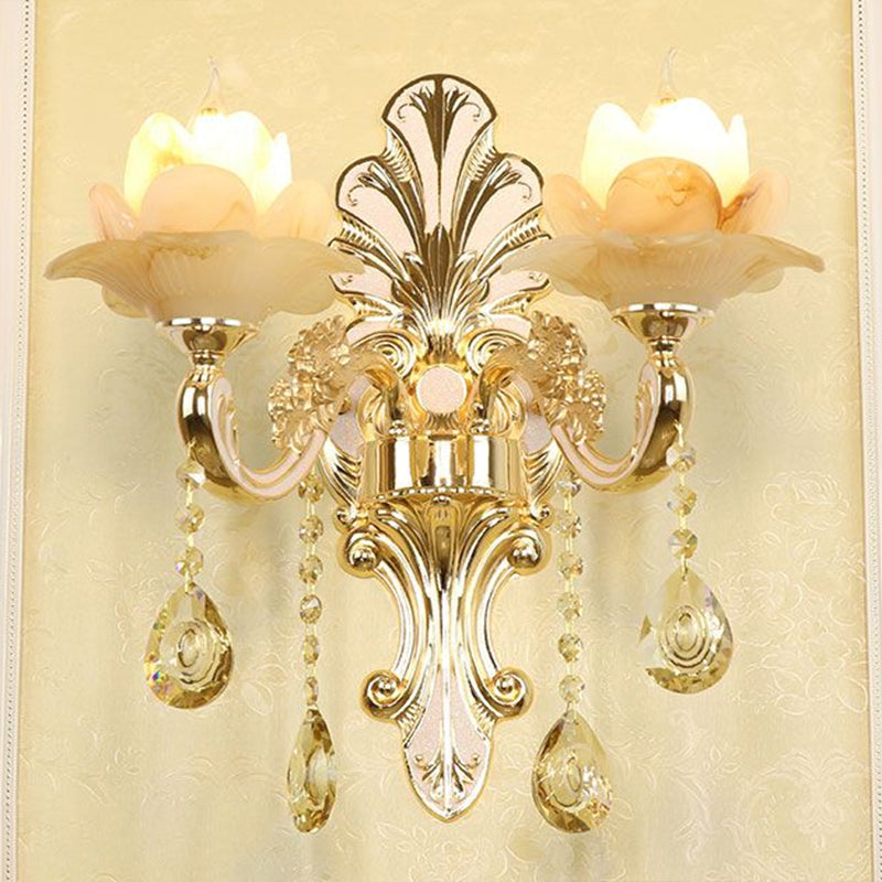 Lisslune | Classic Flower Wall Lamp Faux Jade Satin Glass Wall Lighting with K9 Crystal Drops in Silver