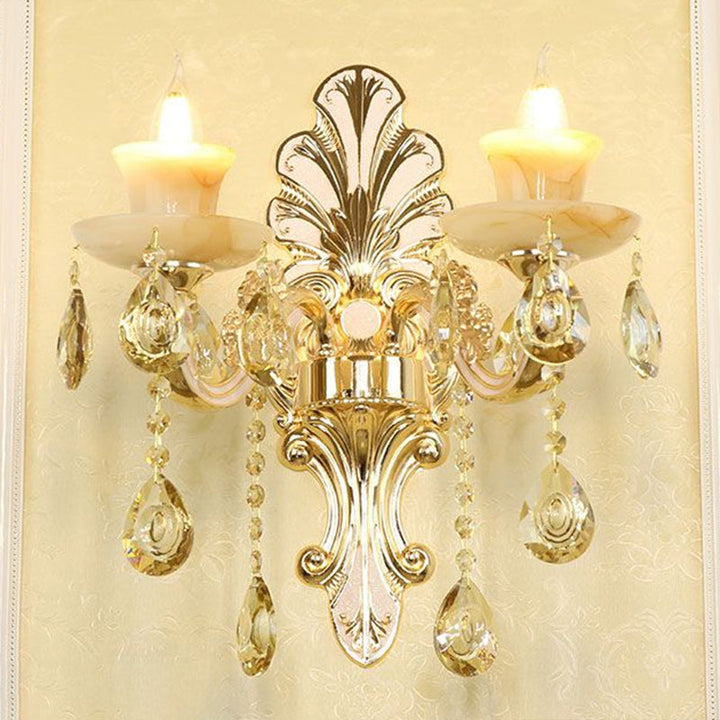 Lisslune | Classic Flower Wall Lamp Faux Jade Satin Glass Wall Lighting with K9 Crystal Drops in Silver