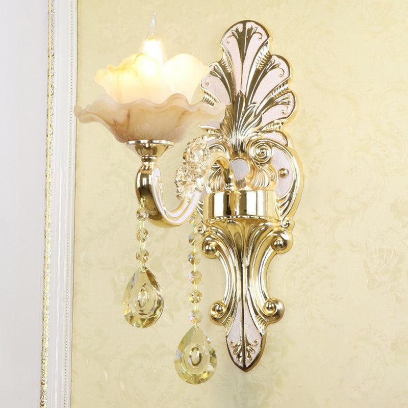 Lisslune | Classic Flower Wall Lamp Faux Jade Satin Glass Wall Lighting with K9 Crystal Drops in Silver