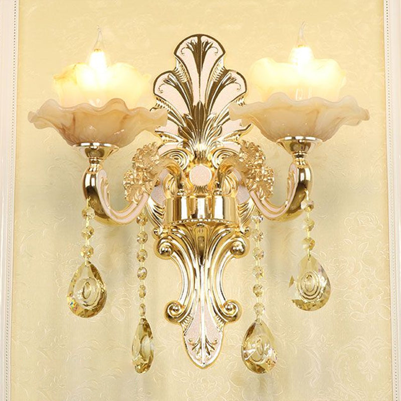 Lisslune | Classic Flower Wall Lamp Faux Jade Satin Glass Wall Lighting with K9 Crystal Drops in Silver