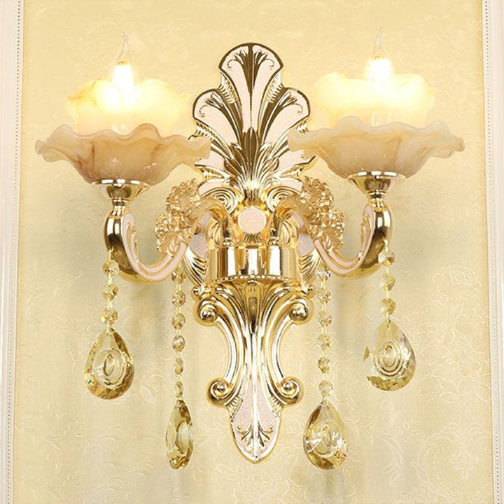 Lisslune | Classic Flower Wall Lamp Faux Jade Satin Glass Wall Lighting with K9 Crystal Drops in Silver