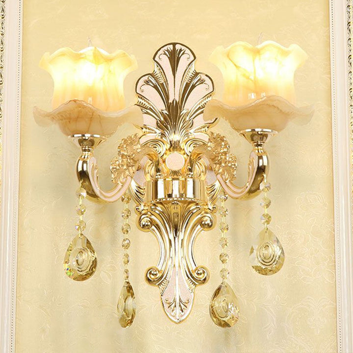 Lisslune | Classic Flower Wall Lamp Faux Jade Satin Glass Wall Lighting with K9 Crystal Drops in Silver