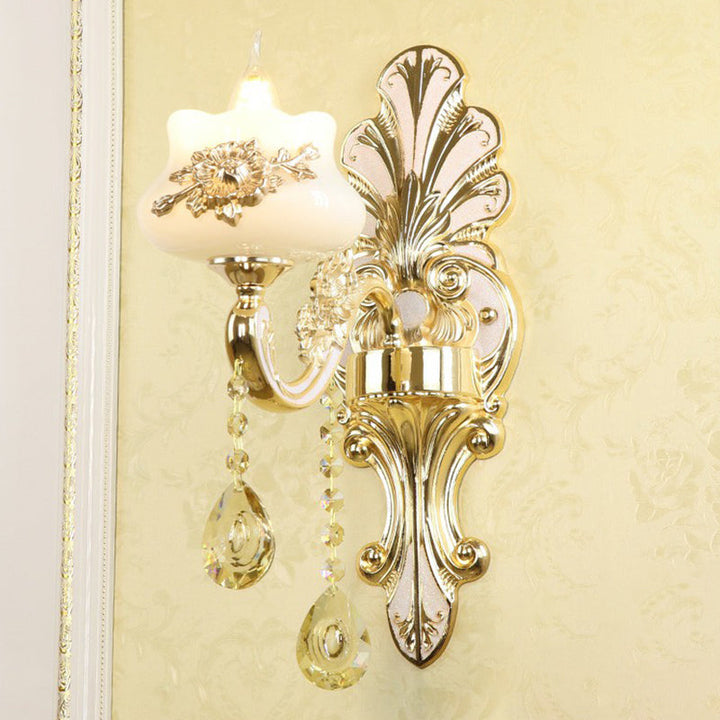 Lisslune | Classic Flower Wall Lamp Faux Jade Satin Glass Wall Lighting with K9 Crystal Drops in Silver