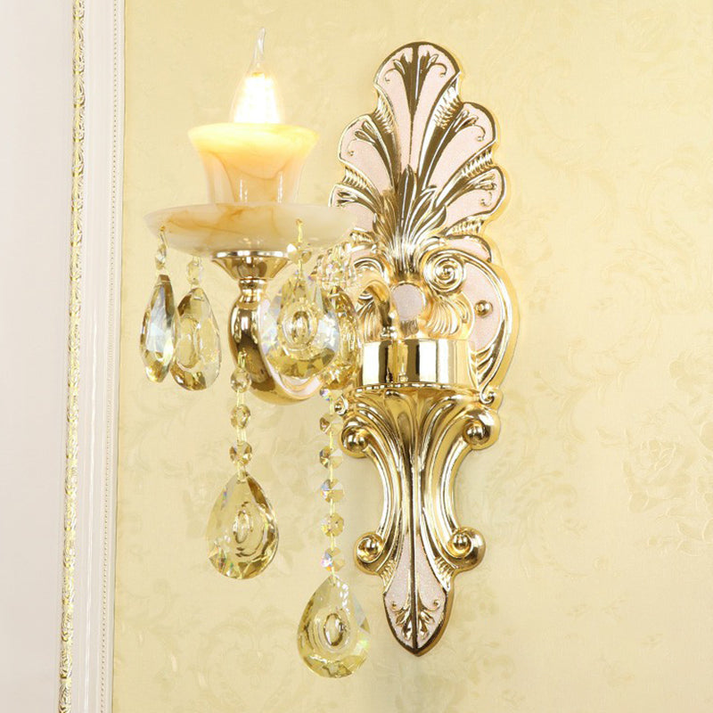 Lisslune | Classic Flower Wall Lamp Faux Jade Satin Glass Wall Lighting with K9 Crystal Drops in Silver
