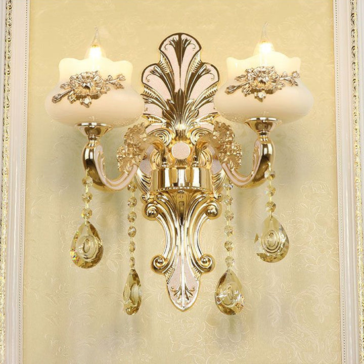 Lisslune | Classic Flower Wall Lamp Faux Jade Satin Glass Wall Lighting with K9 Crystal Drops in Silver