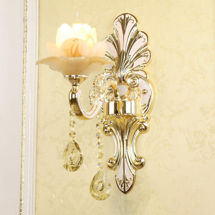 Lisslune | Classic Flower Wall Lamp Faux Jade Satin Glass Wall Lighting with K9 Crystal Drops in Silver