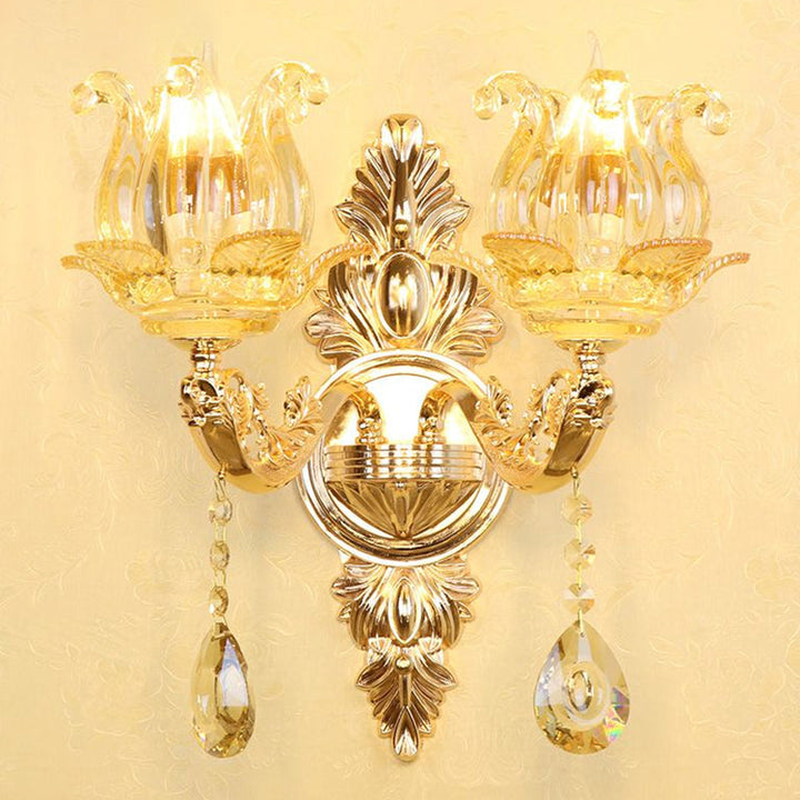 Lisslune | Synthetic Candlestick Wall Sconce Traditional Metal Wall Lamp with Shade and Crystal Pendant