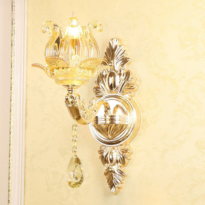 Lisslune | Synthetic Candlestick Wall Sconce Traditional Metal Wall Lamp with Shade and Crystal Pendant