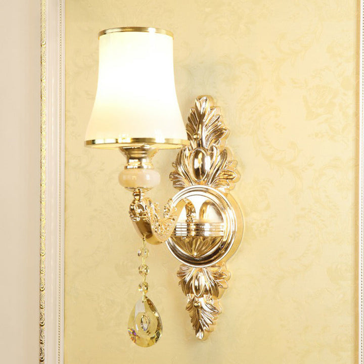 Lisslune | Synthetic Candlestick Wall Sconce Traditional Metal Wall Lamp with Shade and Crystal Pendant