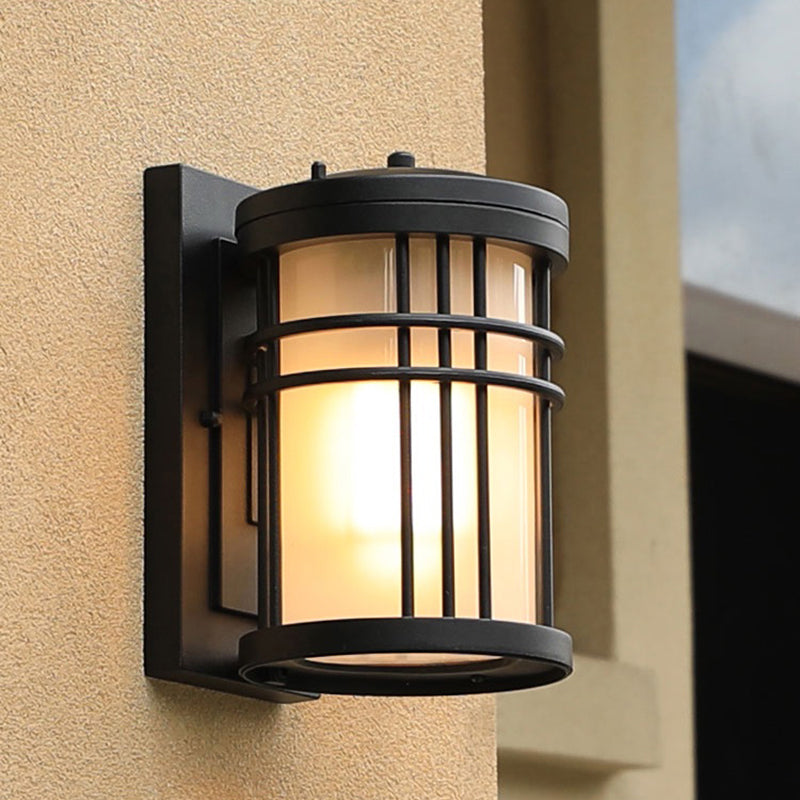 Lisslune | Minimalistic Cylinder Wall Lamp Opal Frosted Glass 1-Light Courtyard Wall Lamp in Black