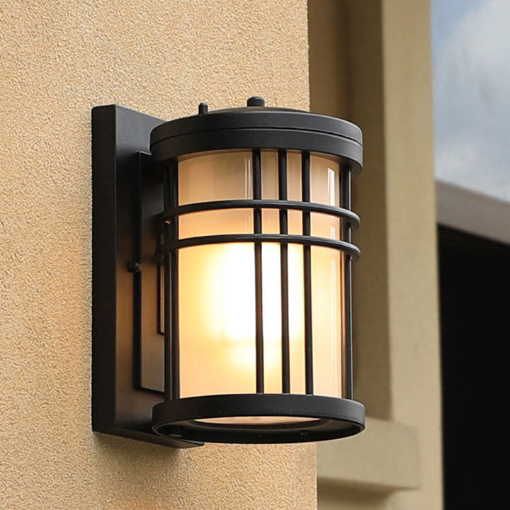 Lisslune | Minimalistic Cylinder Wall Lamp Opal Frosted Glass 1-Light Courtyard Wall Lamp in Black