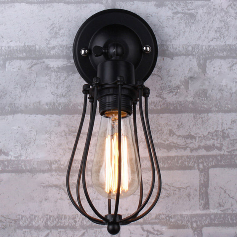 Lisslune | Pear-shaped cage iron wall lamp industrial bedroom adjustable reading wall light in black