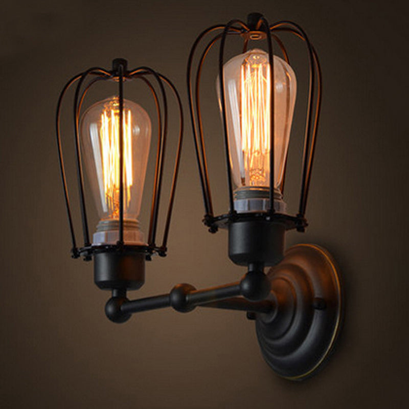Lisslune | Pear-shaped cage iron wall lamp industrial bedroom adjustable reading wall light in black