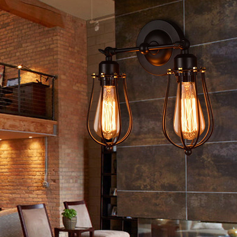 Lisslune | Pear-shaped cage iron wall lamp industrial bedroom adjustable reading wall light in black