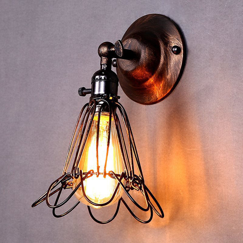 Lisslune | Rotatable Bronze 1-Light Wall Lamp Industrial Iron Cage Style Flower Wall Mount Light for Bar