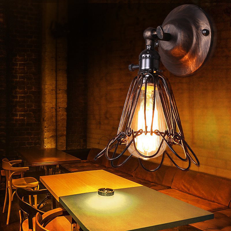 Lisslune | Rotatable Bronze 1-Light Wall Lamp Industrial Iron Cage Style Flower Wall Mount Light for Bar