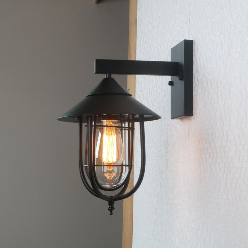 Lisslune | Half-Capsule Cage Gang Wall Lamp Rustic Metal Single Black Wall Lamp with Conical Top
